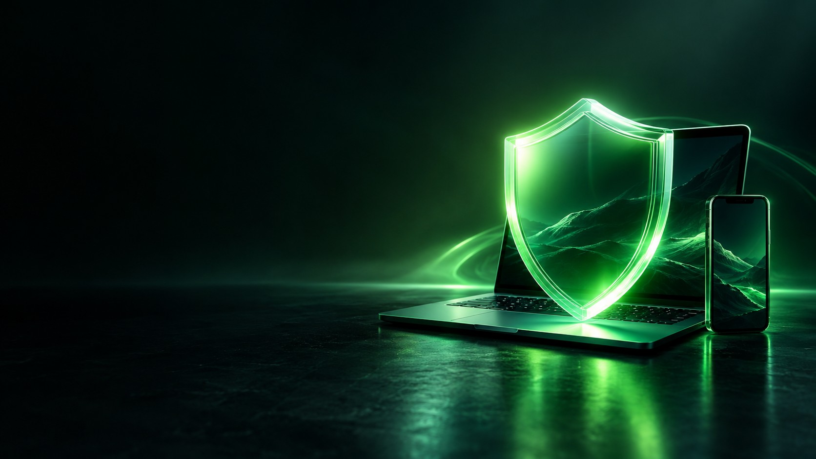 Large glowing shield over a laptop and phone