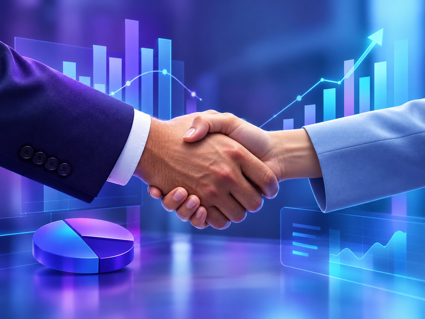 Handshake between two business professionals with charts overlay
