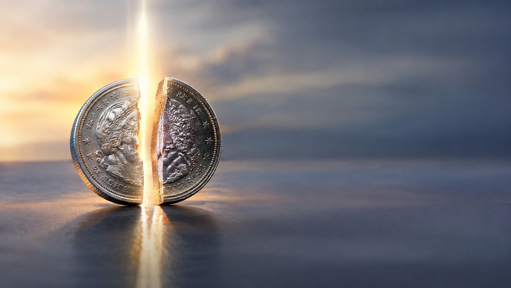 Coin being split into two halves by a beam of light