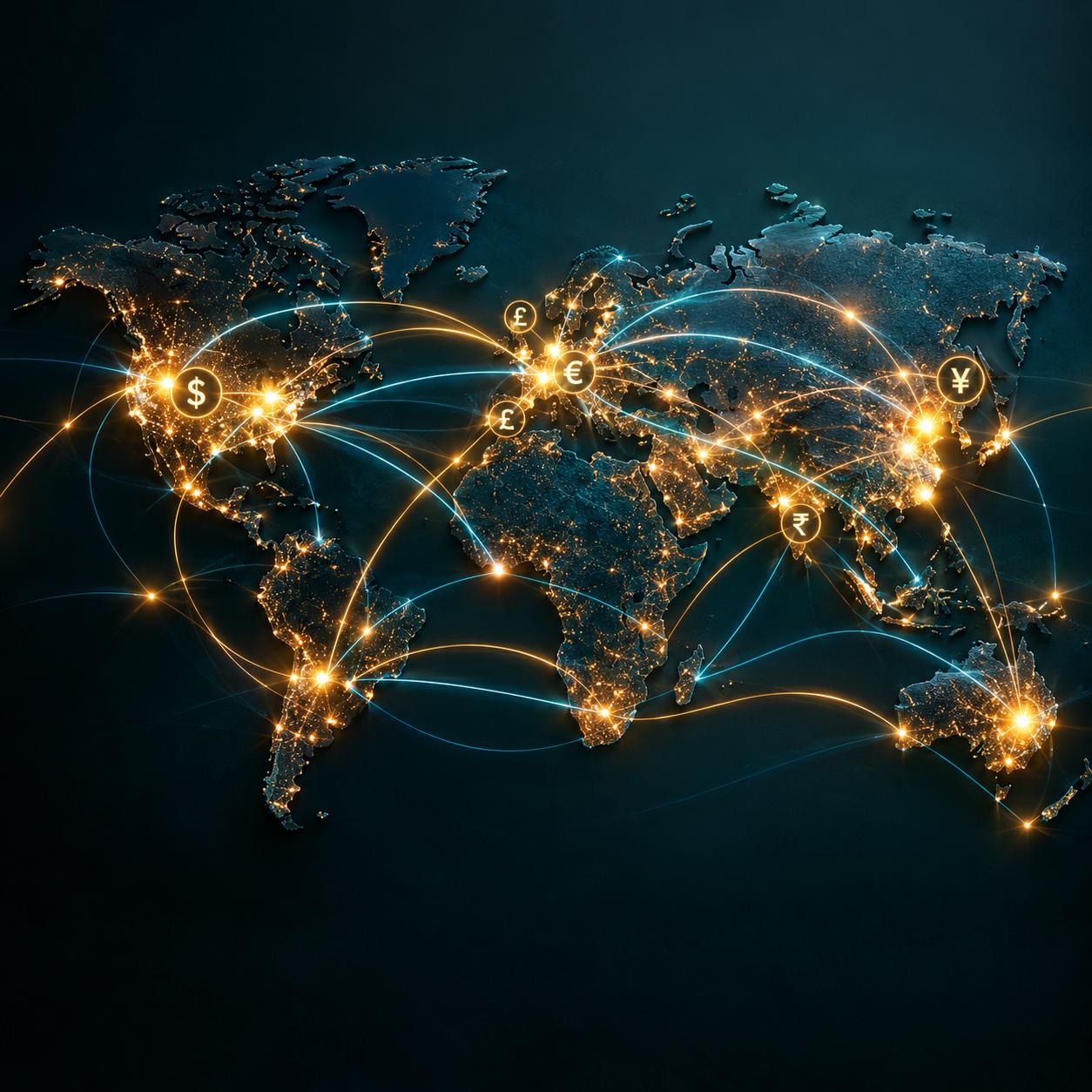Dark world map with glowing currency flow lines connecting major financial centers